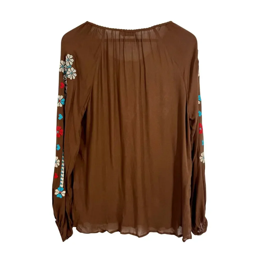 Tasha Polizzi Collection Womens Medium Brown Embroidered Blouse Shirt Top - Picture 8 of 8